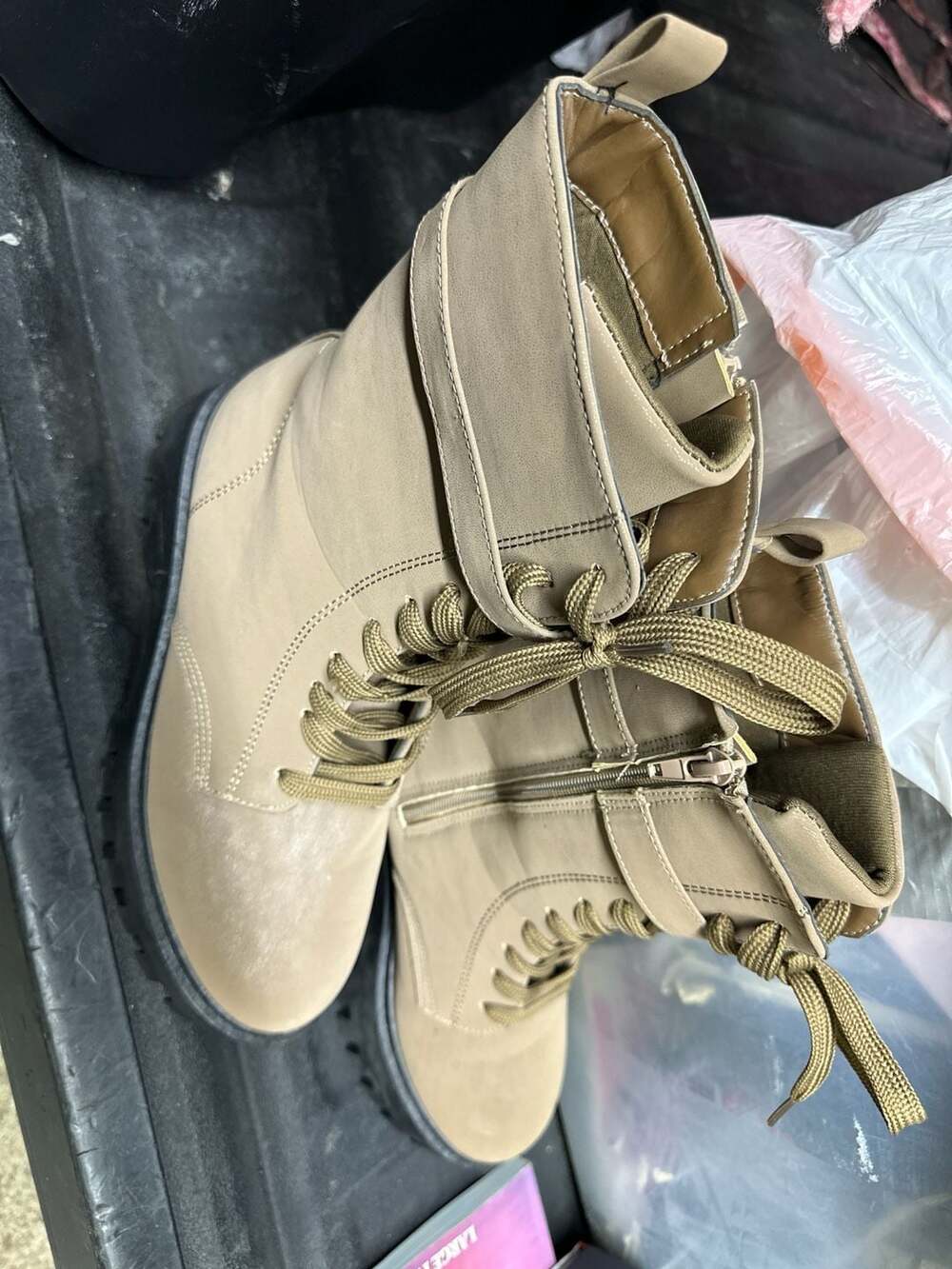 Rouge Broadway-04 Tan Platform Lace-Up Combat Boots - Side Zip